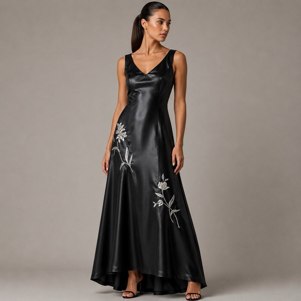 Vintage Maxi Gown Dress Size S Black Satin Silver Embroidered Romantic Gothic
